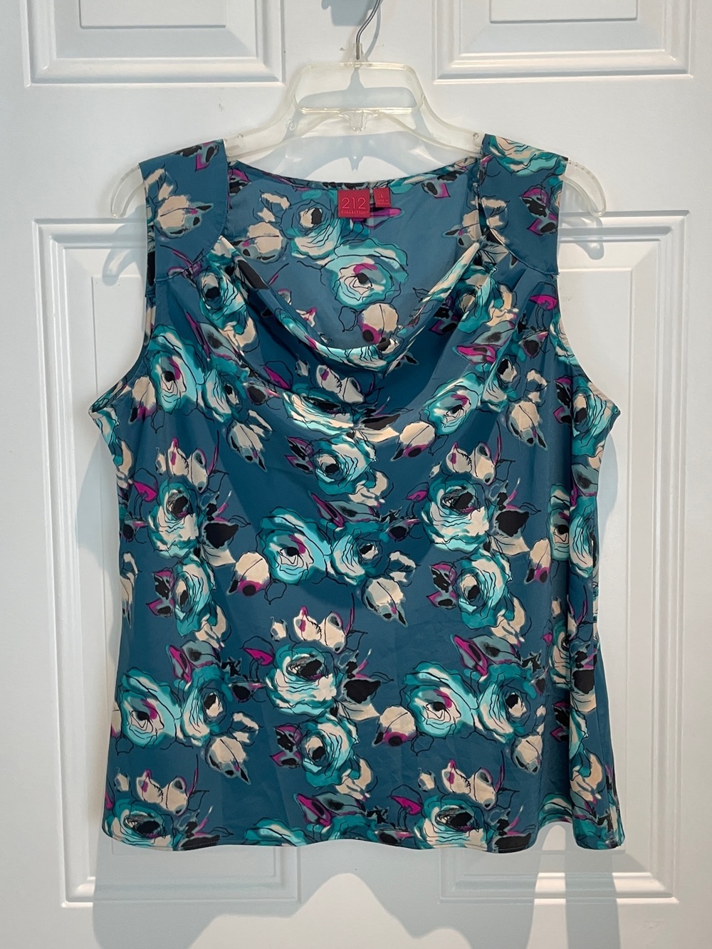 212 Collection Turquoise Teal Purple Floral Cowl Neck Blouse Top Size Large